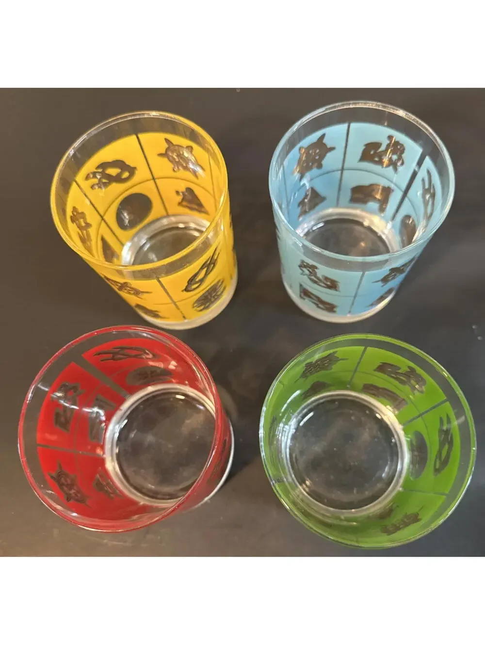 4 Vtg MCM Blue, Yellow, Red & Green Nautical Ship Whiskey Rocks Glasses France